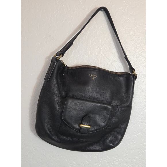 Vintage Fossil Cowhide Pebbled Leather‎ Shoulder Bag Black Y2K - Picture 2 of 8
